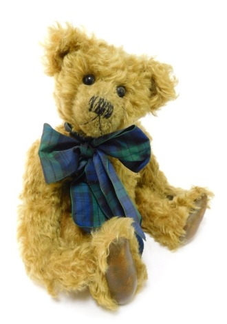 A Winter Bears by Jacqueline Winter mohair growler Teddy bear, named Joe, with tartan ribbon collar, leather pads, 37cm high overall.