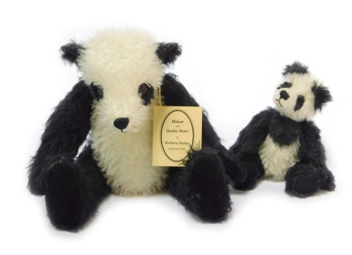 Two mohair bears modelled as pandas, comprising Changa by Barbara Hedges, 24cm high, and another by Dean's Rag Book Company, 13cm high.