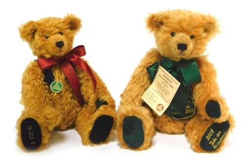 A Hermann Teddy Bears Centennial Annual Bear 2002 mohair Teddy bear, named Centi, growler, 35cm high, together with a Hermann Bolero music bear, number 203/500, 34cm high.