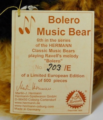 A Hermann Teddy Bears Centennial Annual Bear 2002 mohair Teddy bear, named Centi, growler, 35cm high, together with a Hermann Bolero music bear, number 203/500, 34cm high. - 5