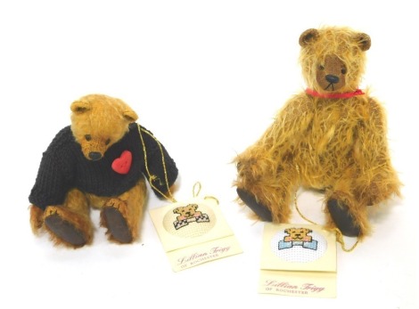 Two Lillian Trigg of Rochester miniature mohair bears, named Bramble Hill, 16cm high, and Henley, wearing knitted jumper with heart button, 14cm high.