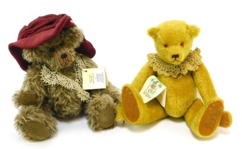 A TLC Bears mohair Teddy bear, named Chlora, wearing hat and lace collar, 27cm high overall, and a further mohair Teddy bear from Ladslove Bears by Dawn, named Midas Millennium, limited edition, 27cm high.