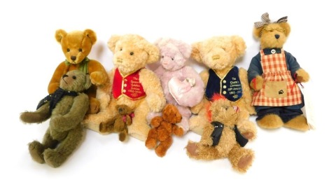 A group of mohair and other Teddy bears, to include a Russ Bear named Dunwell, a Bear Legends mohair bear named Freddie, limited edition, two commemorative Russ Teddy bears for the Queen's Coronation 50th Anniversary, and Queen's Golden Jubilee, etc.