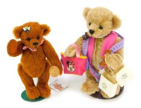 Two mohair Teddy bears, comprising an Arbor Bears designed by Caty Rawlson Teddy bear, named Bear Collector, 24cm high, on stand, and a Pipkins handmade collectors bear by Jane Powell Teddy bear named Honey, 23cm high, on stand.