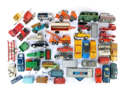 A group of diecast vehicles, play worn, to include a Corgi Oldsmobile, Austin London taxi cab, Chevrolet Impala, service ramp, Matchbox cars, etc. (1 tray)