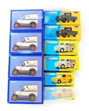 A group of Corgi Classics diecast cars, to include a Morris 1000 Traveller (2), 96955 Morris Mini van (2), a Kays van, D865-7 (4), Corgi Collectors Club Land Rover (2), etc. (1 tray)