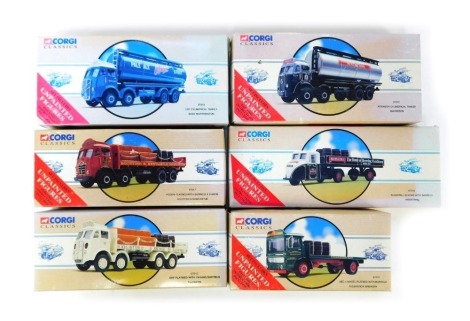 A group of Corgi Classics diecast vehicles, comprising an ERF flat bed, Foden flat bed with barrel and chains, an ERF cylindrical tanker, Scammell Scarab with barrels, an Atkinson's cylindrical tanker, an AEC four wheel flat bed. (5)