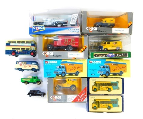 A group of diecast vehicles, to include a Corgi Classics 1929 Thornycroft van, a Ford Model T, Thames Trader box van (2), Plaxton Beaver, etc. (1 tray)