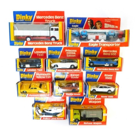 A group of Dinky diecast vehicles, to include a Mercedes Benz truck, Eagle transporter from Gerry Anderson's TV Series Space; 1999, refuse wagon, Plymouth yellow cab, etc., all boxed. (1 tray)