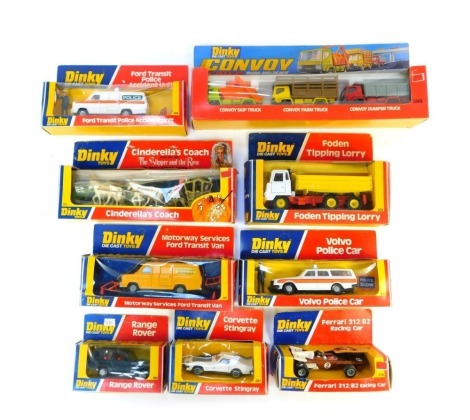 A group of Dinky diecast vehicles, to include a convoy dumper truck, Cinderella's coach, Corvette Stingray, Motorway Services Ford Transit van, Foden tipping lorry, etc., all boxed. (1 tray)