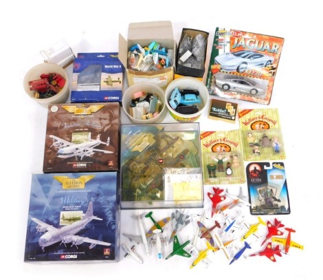 A Corgi Aviation Archive diecast model, 1:144 scale, of a Boeing KC-97L tanker, and an Avro York BOAC, together with further diecast planes, toys in blister packs, etc. (1 box)