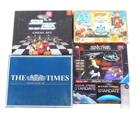 Toys and games, comprising Star Trek puzzle, Captain Scarlet and the Mysterons Adventure game, Star Trek chess set, The Times games board, and a Star Trek box file. (1 box)