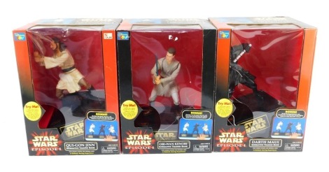 Three Hasbro Star Wars Episode 1 figures, comprising Obi Wan Kenobi interacting talking bank, Qui-Gon-Jinn interactive talking bank and Darth Maul. (3, boxed)