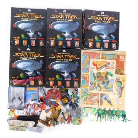 Various Star Trek fact files, together with a Star Trek collectors model, Doctor Who gaming cards, plastic figures, etc. (1 box)