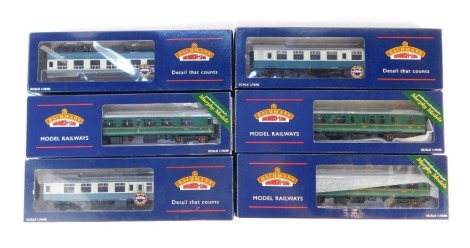 Six Bachmann Branchline OO gauge coaches, to include MK2BSO coach, BRMK1 Express passenger BSK, BRMK1 corridor SK, etc.