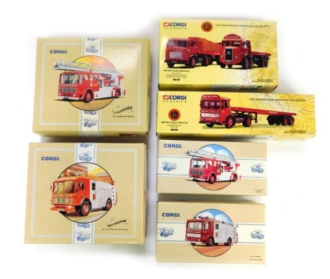 A group of Corgi diecast fire engines, comprising an AEC pumper Hertfordshire, The Nottingham AEC pump escape fire engine, AEC ladder Bristol, The Cardiff AEC ladder fire vehicle, The British Road Services Leyland Ergomatic trailer set, and British Road S