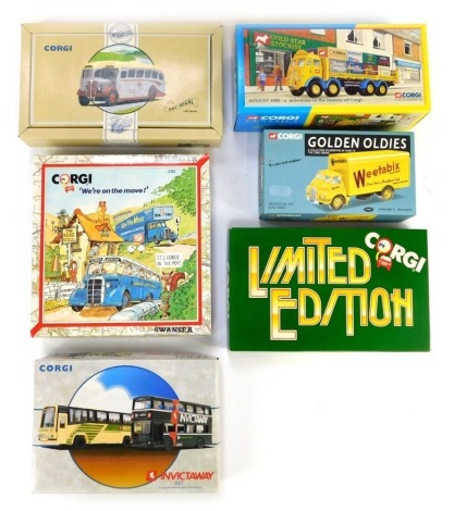 A group of Corgi diecast vehicles, comprising We're On the Move From Swansea To Leicester, the AEC Regal 1AEC Regal, Invictaway Set, Golden Oldies Weetabix Bedford S, 09802 ERF eight wheel rigid with load and unpainted figures, and limited edition C91 set