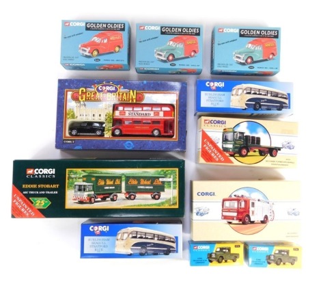 A group of Corgi diecast vehicles, to include an Eddie Stobart AEC truck and trailer, Golden Oldies Morris 1000 Shell/BP (2), a Birmingham Seagull Stratford Blue, Corgi Collector Club Land Rover, etc. (1 tray)