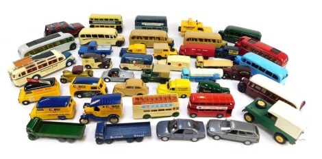 A group of diecast vehicles, to include a Corgi Bedford OB coach, a Dinky Matchbox 950 Omnibus, Corgi VW type 2, etc. (2 trays)