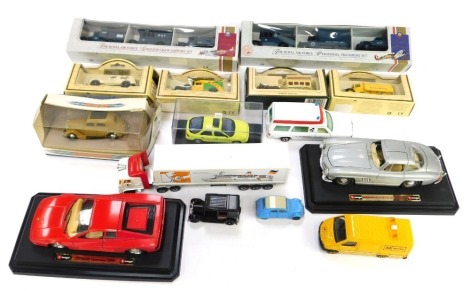 A group of diecast vehicles, to include Days Gone, a Dinky Matchbox 150 Ford V8 Pilot, Llado Royal Air Force Ground Crew Support Set, Burago Ferrari, Testarossa 1984, Mercedes Benz 300SL 1954, etc. (2 trays)