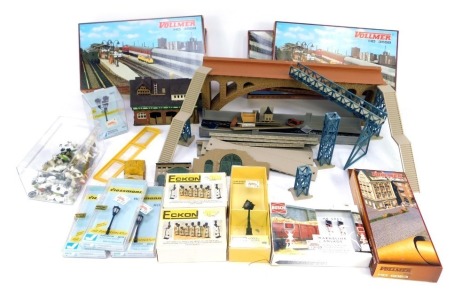 A group of HO gauge model railway, to include stations, various buildings, animal figures, lamp posts, etc. (1 tray)