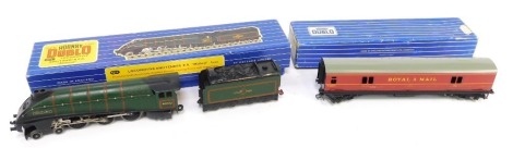 A Hornby OO gauge Mallard locomotive and tender E.R., 60022, green livery No 3211, boxed, together with a Hornby OO D1 TPO mail van, 32098, boxed.