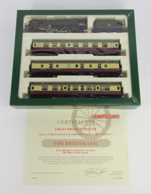 A Hornby OO gauge BR 4-6-2 Britannia locomotive Class 7MT Venus, The Bristolian, special presentation edition with two BR MK1 composite coaches and a BR MK1 brake coach, with certificate of authenticity, boxed. - 2