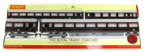 A Hornby OO gauge The Royal Train Coaches Pack, comprising two Royal Household cars MK3 coach and Royal Household Couchette MK2 coach, R4197, boxed.