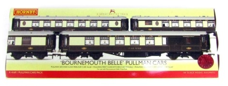 A Hornby OO gauge Bournemouth Belle Pullman Cars train pack, comprising Pullman second class parlour car number 66, Pullman first class kitchen car Fingall, and Pullman second class brake car number 63, R4169, boxed.