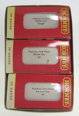 A Hornby OO gauge Bournemouth Belle Pullman Cars train pack, comprising Pullman second class parlour car number 66, Pullman first class kitchen car Fingall, and Pullman second class brake car number 63, R4169, boxed. - 2