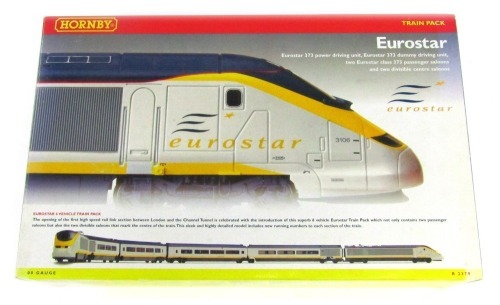 A Hornby OO gauge Eurostar train pack, comprising Eurostar 373 power driving unit, Eurostar 373 dummy driving unit, two Eurostar class 373 passenger saloons and two divisible centre saloons, R2379, boxed.