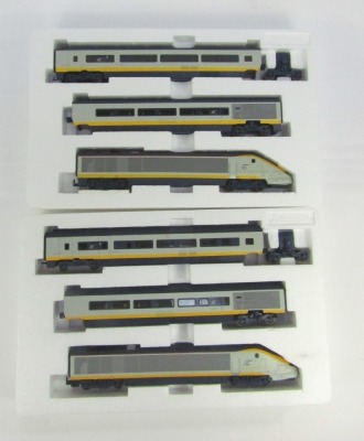 A Hornby OO gauge Eurostar train pack, comprising Eurostar 373 power driving unit, Eurostar 373 dummy driving unit, two Eurostar class 373 passenger saloons and two divisible centre saloons, R2379, boxed. - 2