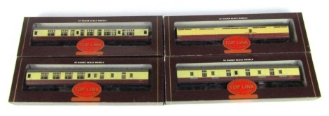 Four Hornby Top Link OO gauge coaches, comprising BR MK full parcel coach, buffet coach, brake coach, and parcels coach, boxed.