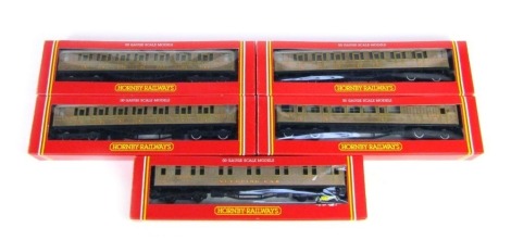 Five Hornby OO gauge BR (ex LNER) composite coaches, R400, boxed.