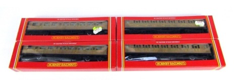 Four Hornby OO gauge LNER composite coaches, R477, boxed.