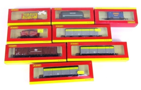 A group of Hornby OO gauge rolling stock, to include end tipping wagon Colman's 34, R6345A, BR twenty tonne Continental ferry van, R6159, Hornby wagon 2005, R6262, etc.