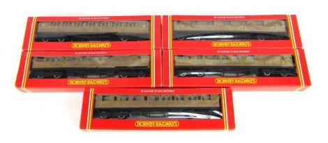 Five Hornby OO gauge coaches, comprising an LNER brake composite coach, R478, an LNER sleeping car R430, LNER 4778 brake composite coach, BR brake composite coach maroon, R448.