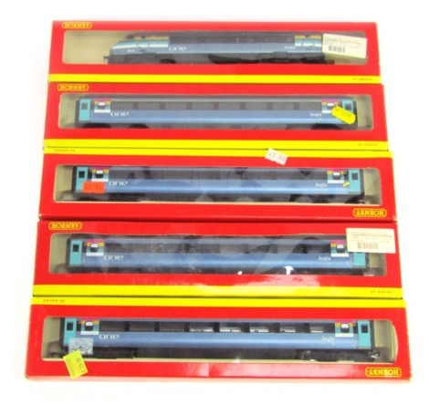 Five Hornby OO gauges coaches, to include a One Railways MK3 standard coach, 12082, R4227A, driving brake van, 82119, R4245, etc.