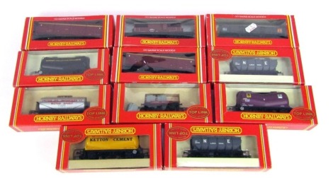 A group of Hornby OO gauge rolling stock, to include 45 ton open wagon, R401, V EE Tankard Ketton Cement, R6027, NE 20 ton hopper, R6017 (2), EWS 45 VDA closed van, R6042, etc.