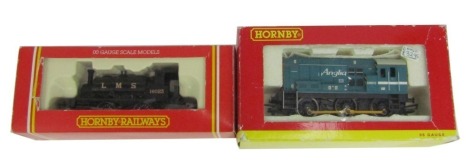 A Hornby OO gauge LMS locomotive Class OF-0-4-0ST, 16023, black livery, R300, together with an Anglia Railways 0-6-0 Shutter Class 08 locomotive, 08810, teal livery, R2239.