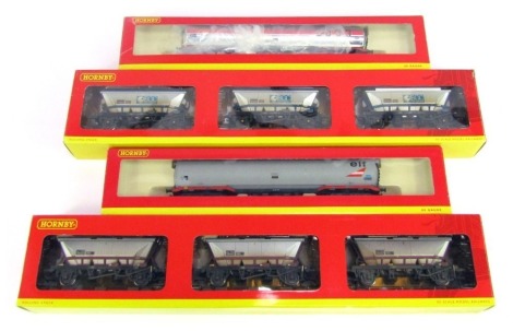 Hornby OO gauge rolling stock, comprising 100 ton tank wagon ELF, R6110, Hornby 2000 R6103 and 325T MGR hopper with canopy R6224 and two axle China Clay hopper R6223.