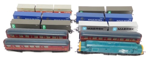 A Hornby National Rail locomotive, 37071, teal livery, together with various carriages, rolling stock, etc.