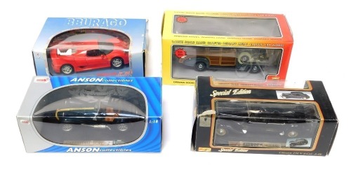 Four model cars 1:18 scale, comprising a Maisto Citroen 15 CV6 CYL, a Burago Ferrari F50, Anson Collectables Caterham Super 7, and a Motor City Classics 1939 Chevy.