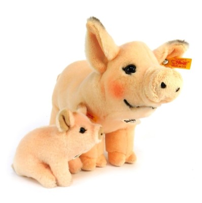 Two Steiff pig soft toys, comprising Piggy Schwein 071904, and Sissi Schwein 071898, 18cm high and 9cm high respectively, in box.