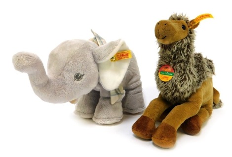 A Steiff Best For Baby Elephant, 15cm high, boxed, together with a Steiff Cosy Friends Camel, 24cm high. (2)