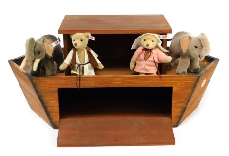 Steiff Noah's Ark Set One, comprising pine wood ark, 60cm wide, Noah and his Wife modelled as Teddy Bear, in mohair, each 12cm high, mohair Bull Elephant and Cow Elephant, each 15cm high, ark and figures boxed with certificate.