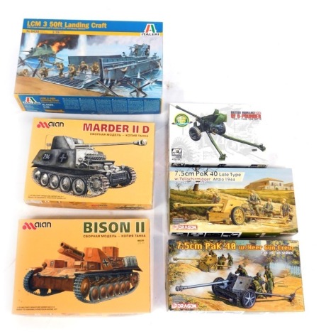 Six military model kits 1:35 scale, comprising an Italeri LCM No 3 Landing Craft, with crew and figures, an AFV Club Six Pounder Anti Tank Gun, a Dragon PAK 40, with Fallschamjager crew, a Dragon PAK 40, with Heer crew, and Alan Bison II and Alan Marder I