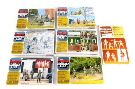 Six Preiser model kits 1:35 scale, comprising Resting German Infantry, Advancing German Infantry, German Provost Corp, German Home Leave and Workers 1939 - 1945, and Refugees, together with a 1:32 set Adam multi-pose naked figures.