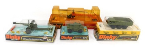 Dinky Toys diecast military vehicles, including Dinky 676 Daimler armoured car, 625 six pound anti tank gun, 682 Stalwart load carrier, and 732 Bell police helicopter, boxed. (4)