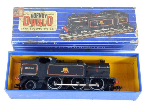 A Hornby Dublo three rail class N2 locomotive, locomotive 0-6-2T, 69567, in BR lined black, boxed EDL17.